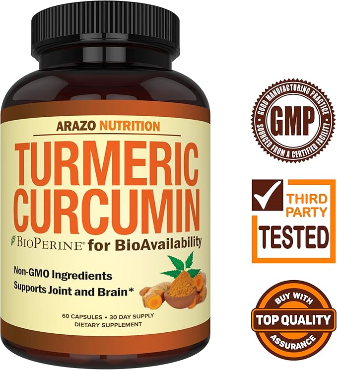 Arazo Nutrition Turmeric Curcumin with BioPerine 1300mg with Black Pepper - Joint Support Nutritional Supplements - 100% Herbal Tumeric Root Capsules