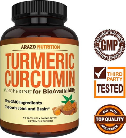 Arazo Nutrition Turmeric Curcumin with BioPerine 1300mg with Black Pepper - Joint Support Nutritional Supplements - 100% Herbal Tumeric Root Capsules
