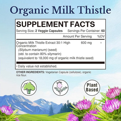 Vitalitown Organic Milk Thistle Antioxidant Support, Detox & Cleansing, 120 Vegan Caps