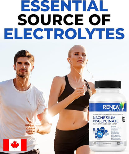 RENEW ACTIVES Magnesium Glycinate 400MG per 2 Capsules Pure Magnesium Bisglycinate for Full Body Relaxation, Sleep, Muscles, Bones & Energy - Electrolyte Balance - Made in Canada -120 Capsules