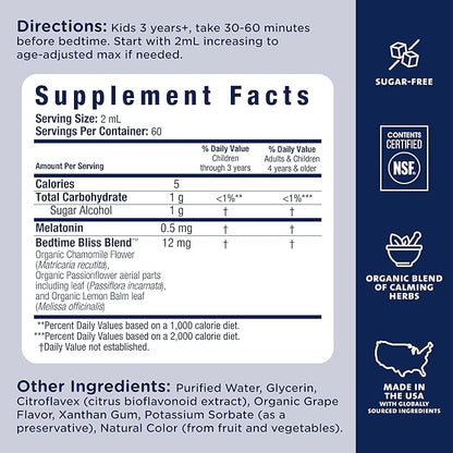 Mommy's Bliss Kids Sleep Liquid with Melatonin & Calming Herbs | Supports The Natural Sleep Process for Children 3 Years & Up | Grape Flavor | Sugar Free| 4 Fl Oz (60 Servings)