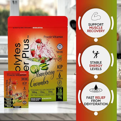 Electrolytes Powder Plus, Keto, Strawberry Cucumber, Sugar Free, Pink Himalayan Salt, 1000mg Potassium, 120mg Calcium, 120mg Magnesium, Non-GMO, Zero Calories, (16 Hydration Packets)