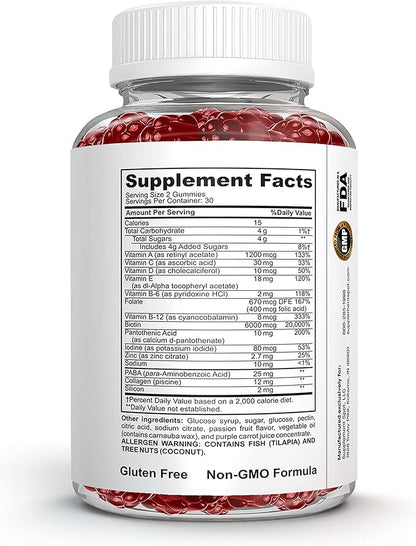 Hair Skin and Nails Vitamins, 6000 mcg Biotin Gummies w/Collagen, Passion Fruit Flavored Hair Vitamins, Gluten Free Collagen Supplements (60 Count)