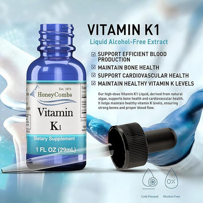 HoneyCombs Vitamin K1 Liquid – Alcohol-Free Oral Vitamin K1 Drops - Liquid Vitamin K – Vegan, Non-GMO Vitamin Liquid Extract for Internal & External Use - 1 Fl Oz