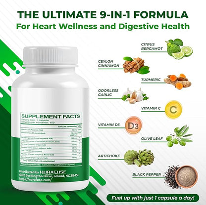 Citrus Bergamot 9-in-1 Formula - with Cinnamon Turmeric Odorless Garlic, Olive Leaf, Artichoke - Made and Tested in The USA