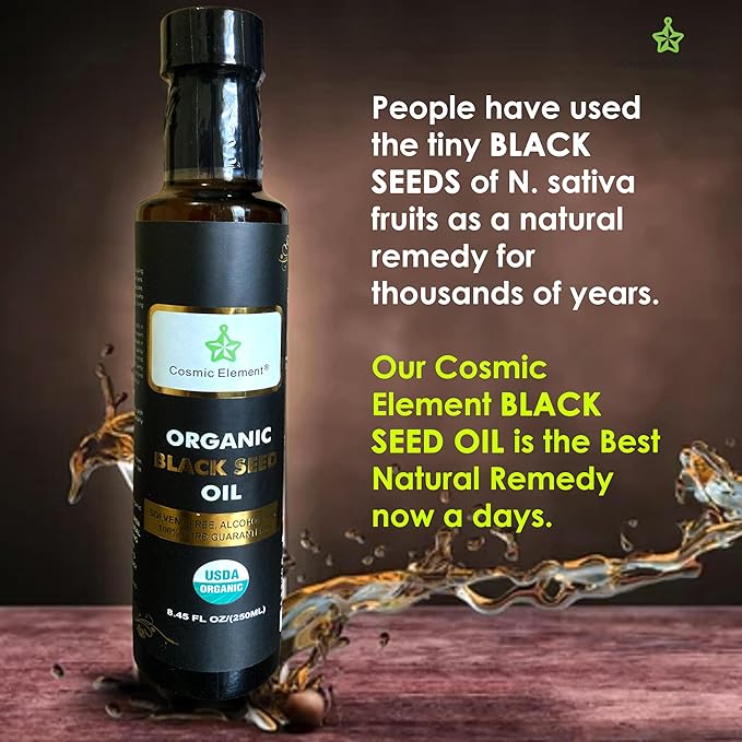 Cosmic Element Cold Pressed Black Seed Oil Organic - Omega 3 6 9 | Vegan Nigella Sativa Organic Black Cumin Seed Oil - Antioxidant for Immune Support, Joints, Digestion, Hair & Skin | 8.4 Fl Oz