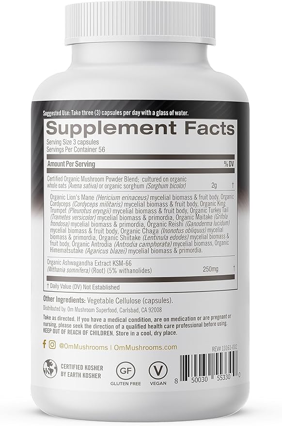 OM MUSHROOM SUPERFOOD Master Blend Mushrooms & Adaptogens Capsules, 168 Count, 56 Servings, 10 Mushroom Complex with Adaptogens for Immune and Stress Relief
