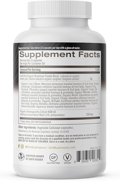 OM MUSHROOM SUPERFOOD Master Blend Mushrooms & Adaptogens Capsules, 168 Count, 56 Servings, 10 Mushroom Complex with Adaptogens for Immune and Stress Relief