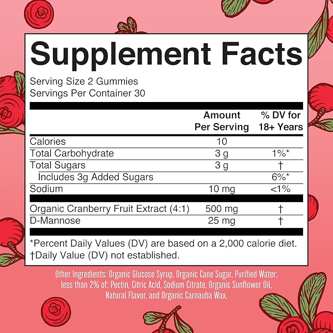 Organic Cranberry Gummies by MaryRuth's | 500mg Cranberry Supplement | Urinary Tract Health for Women | with D Mannose | Traditional Use | USDA Organic | Vegan | Non GMO | 30 Servings