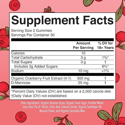 Organic Cranberry Gummies by MaryRuth's | 500mg Cranberry Supplement | Urinary Tract Health for Women | with D Mannose | Traditional Use | USDA Organic | Vegan | Non GMO | 30 Servings