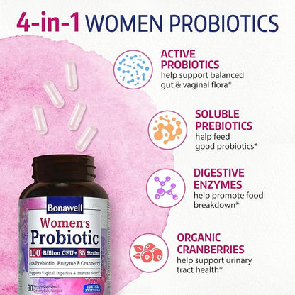Bonawell Probiotics for Women 100B, with Prebiotics, Digestive Enzymes & Organic Cranberry for Female Vaginal Health, Digestion & Immunity, Shelf-Stable, Delayed-Release, 30 Veggie Caps