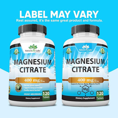 Magnesium Citrate 400 mg - High Potency Elemental Magnesium Essential Mineral for Heart, Muscle, & Digestion Support – Non-GMO - 120 Tablets