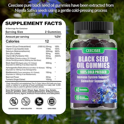 100% Cold Pressed Black Seed Oil with Zinc,Vitamin B6,C,D3,Sea Moss,Ashwagandha Root,Bladderwrack,Beet Root Power,Turmeric Ginger Extract, Support Immunity, Digestion, Hair & Skin (60 Count)