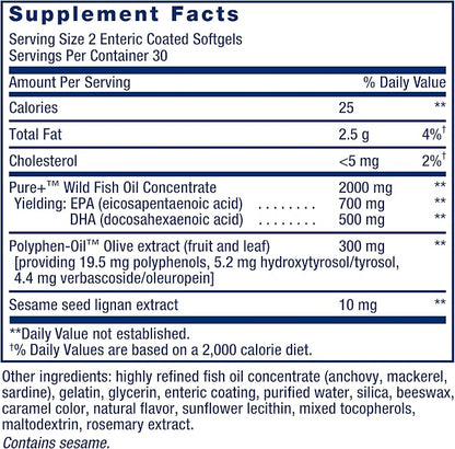 Life Extension Super Omega-3 EPA/DHA Fish Oil, Sesame Lignans & Olive Extract – Heart Health, Brain Health, Inflammation Health Support, Gluten-Free, Enteric-Coated, Non-GMO, 60 Softgels
