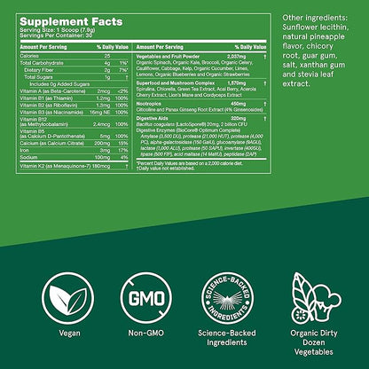 Bulletproof Greens, 8.4 Ounces, Daily Greens Powder for Daily Wellness, 35 Superfoods, and 15 Count Greens Packets Bundle