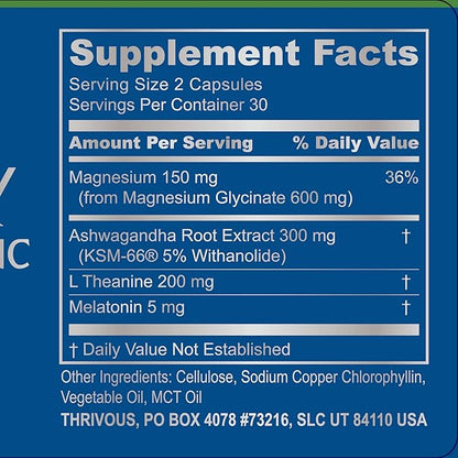 Thrivous Serenity - Natural Sleep Aid Pills - 5mg Melatonin with 200mg L-Theanine and Magnesium Glycinate - Extra Strength Stress Relief Supplement - 30 High Dose Servings - 60 Capsules
