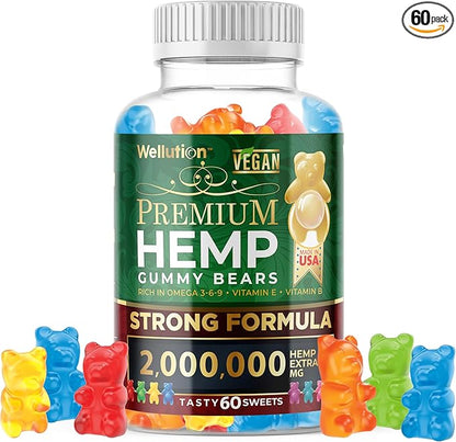 WELLUTION Hemp Gummies XXL 2,000,000 MCG - Vegan Gummy Bears with Natural Hemp Oil, Omega 3-6-9, Vitamins A & D - 60ct