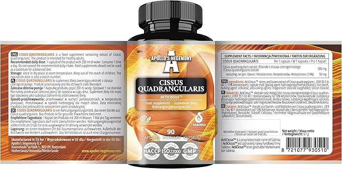 APOLLO'S HEGEMONY Cissus Quadrangularis 500 mg Contains 10% of Ketosterones - 90 Vegan Capsules - 3 Months Supply - for Supporting a Healthy Body Weight - Dietary Supplement