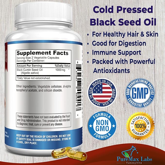 Cold Pressed Black Seed Oil - 120 Capsules, Premium Nigella Sativa Pure Black Cumin Seed Oil with Vitamin E, for Hair, Skin & Immune Health - Non-GMO 120 Capsules