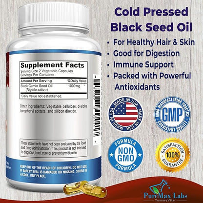 Cold Pressed Black Seed Oil - 120 Capsules, Premium Nigella Sativa Pure Black Cumin Seed Oil with Vitamin E, for Hair, Skin & Immune Health - Non-GMO 120 Capsules