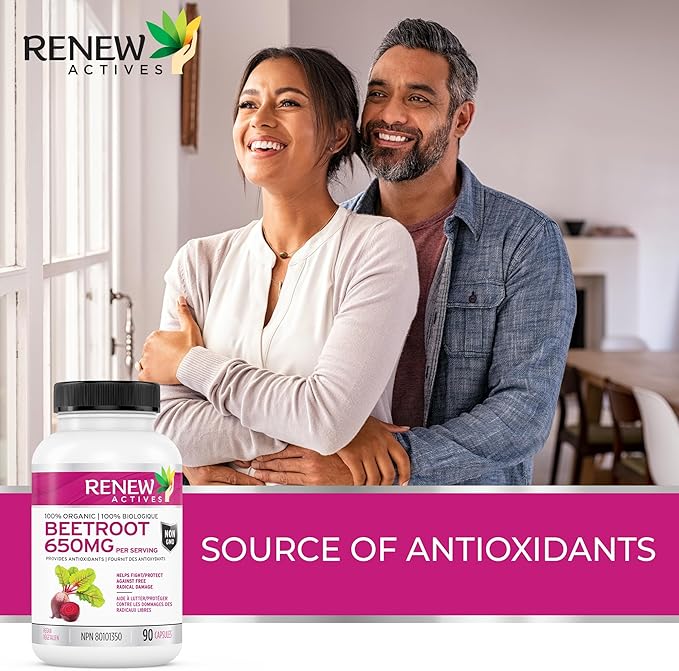 Renew Actives Organic Beetroot Supplement 1300MG per 2 Capsules - Pure Beetroot Powder for Circulation, Natural Energy, & Antioxidant Benefits - High-Potency Superfood, Made in Canada - 90 Capsules