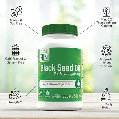 Health Thru Nutrition Black Seed Oil 500mg 360 Softgels | High Potency 2% Thymoquinone | 3rd Party Tested | Pure Cold Pressed | Organically Gown | Non-GMO, Gluten Free, Soy Free