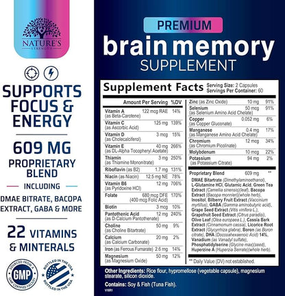 Brain Supplements for Memory and Focus - Advanced Cognitive Formula to Support Concentration, Energy, Clarity - Brain Health Memory Vitamins with Bacopa, Phosphatidylserine, DMAE & More - 120 Capsules