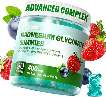 Magnesium Glycinate Gummies Sugar Free 90 for Adults & Kids,400mg Chewable Magnesium Gummies with 200mg L-Threonate,Ashwagandha,Vitamin D,B6,B12,Calcium for Sleep,Stress & Muscle,Relief,Mixed Berry