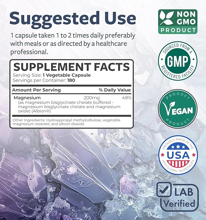 High Absorption Magnesium Bisglycinate Capsules - Clinically Validated Buffered and Chelated Magnesium Supplement - 1 Daily Vegan Capsule with Lab Verified Gentle Magnesium 200mg (6 Month Supply)