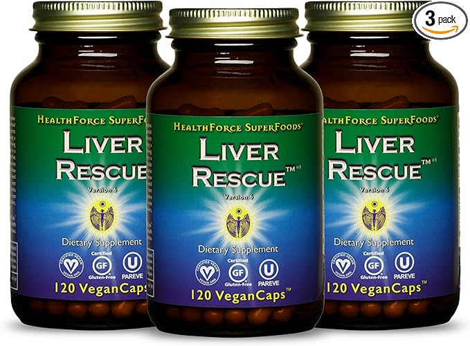 HealthForce SuperFoods Liver Rescue - Natural Liver Cleanse - with Milk Thistle & Dandelion Root - Gluten-Free & Vegan - 120 Capsules (Pack of 3)