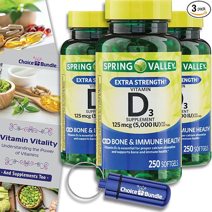 Spring Valley Vitamin D3 Softgels 125 mcg per Soft Gel 5,000 IU 250 Ct 3 pk (750 Total) + Vitamin Guide & Pill Container (5 Items)!