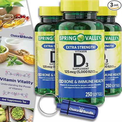 Spring Valley Vitamin D3 Softgels 125 mcg per Soft Gel 5,000 IU 250 Ct 3 pk (750 Total) + Vitamin Guide & Pill Container (5 Items)!