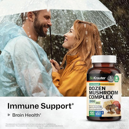 BIO KRAUTER Dozen Mushroom Complex Capsules 2100 mg Blend - 100 Vegan Caps - 12 Extracts in One Mushroom Supplement for Immune Support - Lions Mane, Reishi, Cordyceps