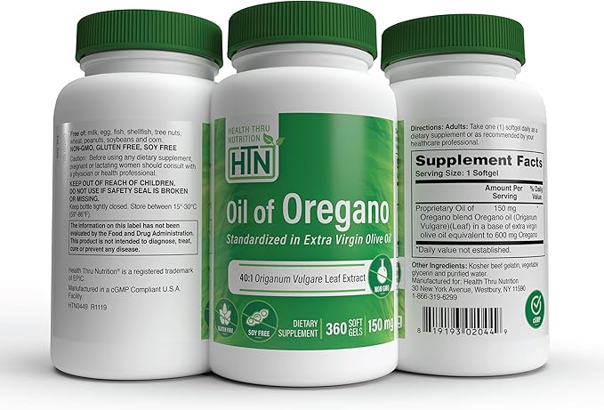 Health Thru Nutrition Oil of Oregano 360 Mini-Softgels | Wild Harvested | European 40:1 Origanum Vulgare Equivalent to 600mg Oregano in Extra Virgin Olive Oil | Non-GMO Gluten Free (Pack of 360)