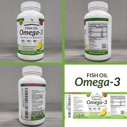 Best Triple Strength Omega 3 Fish Oil Pills 2400mg | 120 Capsules | Burpless High Potency Lemon Flavor | 864mg EPA 576mg DHA Ultra Pure Liquid Softgels | Brain Joints Eyes Hair Heart Health Supplement