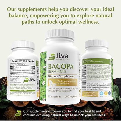 Jiva Botanicals Bacopa Monnieri Supplement 1000mg per Serving - Bacopa Monnieri (Brahmi) & Extract for Normal Brain, Focus, & Memory Support - Ayurvedic Herbs, Made in The USA - 60 Capsules
