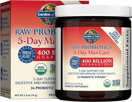 Garden of Life Organic Probiotic Powder for Women and Men - Raw Probiotics 5-Day Max Care 400 Billion CFU - 5-Day Support for Digestive and Immune Health - 2.4 oz Powder
