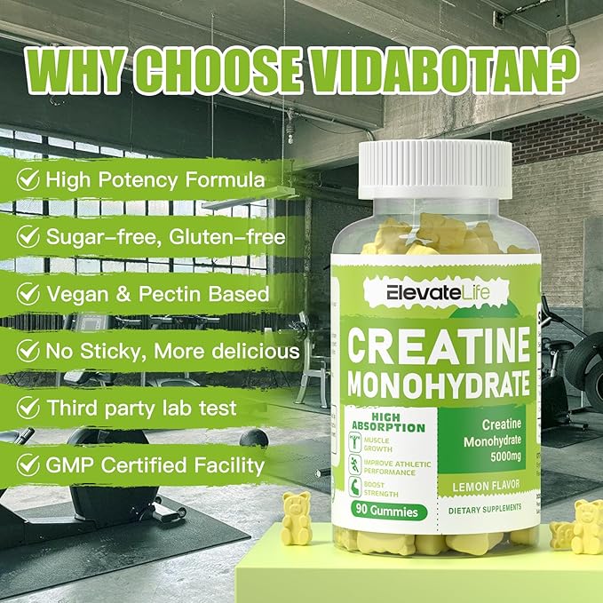 Creatine Monohydrate Gummies 5g for Men Women - Sugar Free Chewable Supplement. 180 Gummies Lemon
