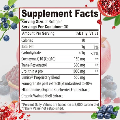 Urolithin A Pro Supplement 1000mg, 60 Softgels Super Antioxidants with Resveratrol & CoQ10 for Energy Production and Healthy Aging- Mitoceutical for Muscle Strength and Skin Care