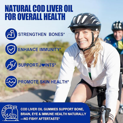 Cod Liver Oil 1000mg Gummies for Adults & Kids, with Vitamin A & D3 - Omega 3 Fish Oil Alternative - DHA 360mg & EPA 240mg for Brain, Bone, Eye & Immune Health, Sugar Free, 120 Cts