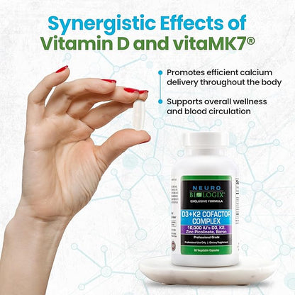 D3+K2 Cofactor Complex - Helps Maximize Vitamin D Benefits for Bone, Heart & Immune Support - Formulated with Vitamin D3, K2 (vitaMK7®), Zinc & Boron to Promote Efficient Calcium Utilization – 60 Caps