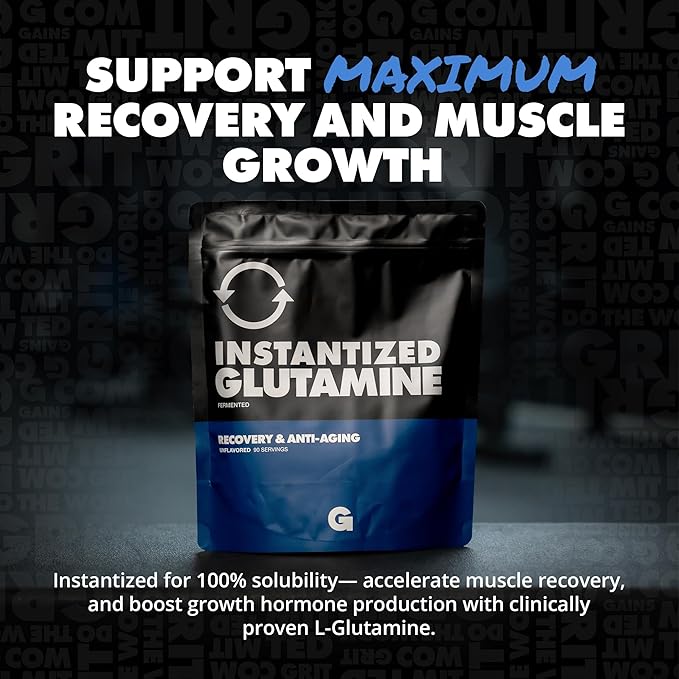 Gains in Bulk L-Glutamine, Gluten Free Glutamine Powder for Muscle Recovery and Growth, Post Workout Support, Amino Acid Supplement, Promotes Protein Synthesis, Non GMO, Unflavored, 90 Servings