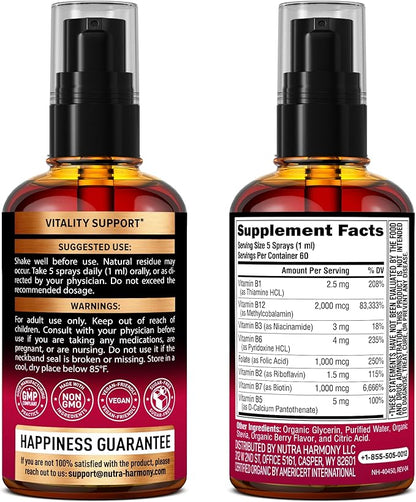 USDA Organic Vitamin B-Complex Liquid Spray 8-in-1 - B5 Pantothenic Acid | B12 Methylcobalamin | B1 Thiamine | B6 Pyridoxine | B7 Biotin | B9 Folic | B3 Niacinamide - Made in USA Supplement, 2fl oz