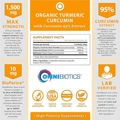 Organic Turmeric Curcumin Supplement with Black Pepper Extract - 1500mg Turmeric Supplement with 95% Curcuminoids & BioPerine for Joints Support. High Absorption, Non-GMO - 120 Vegan Capsules