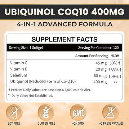ZEBORA Ubiquinol CoQ10 400mg Softgels with Vitamin C & Vitamin E & Selenium, Max-Absorption, 4-in-1 Powerful Antioxidant, Supports Heart Health & Energy-Production,120 Softgels