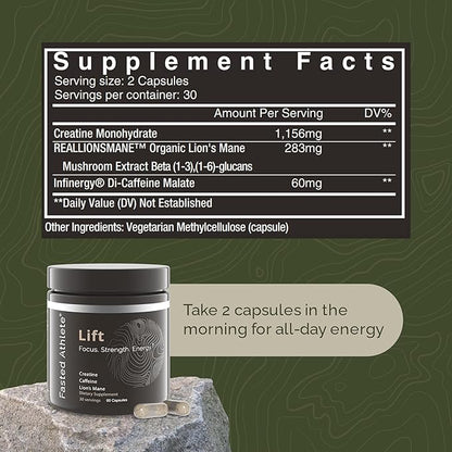 Lift – Lions Mane Mushroom Supplement, Boost Memory & Focus, Eliminate Brain Fog, Plus Creatine for Energy, Nootropics Brain Support, 60 Capsules