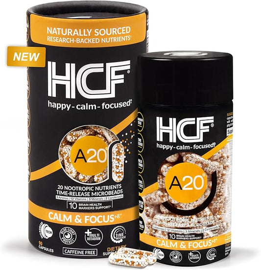 HCF A20 Microbead Brain Health Supplements for Adults for Memory, Focus, Calm, Mood, Alertness, Attention, Vision, Sleep, Immune System, 20 Premium Nootropic Nutrients Multivitamin & 7 Advances® Tech