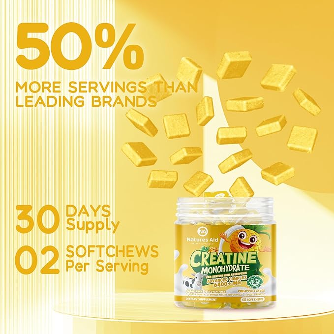 Creatine Monohydrate Chews Complex 6400mg for Men & Women -Advanced Formula W/L-Taurine + Vitamin B12, Sugar Free Chewable Supplement,60 Pineapple Softchews