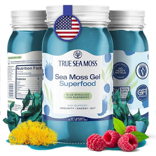 TrueSeaMoss Sea Moss Gel – Made in USA – Wildcrafted Seamoss, Fresh Fruits & Sea Vegetables – Blue Spirulina, Pack of 1 (Labels may Vary)