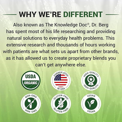Dr. Berg USDA Certified Organic Green Powder Superfood (60 Servings) - Made with Raw Wheatgrass, Chlorophyll, Trace Minerals & Natural Enzymes - Non-GMO Green Superfood Powder - Lemon Flavor